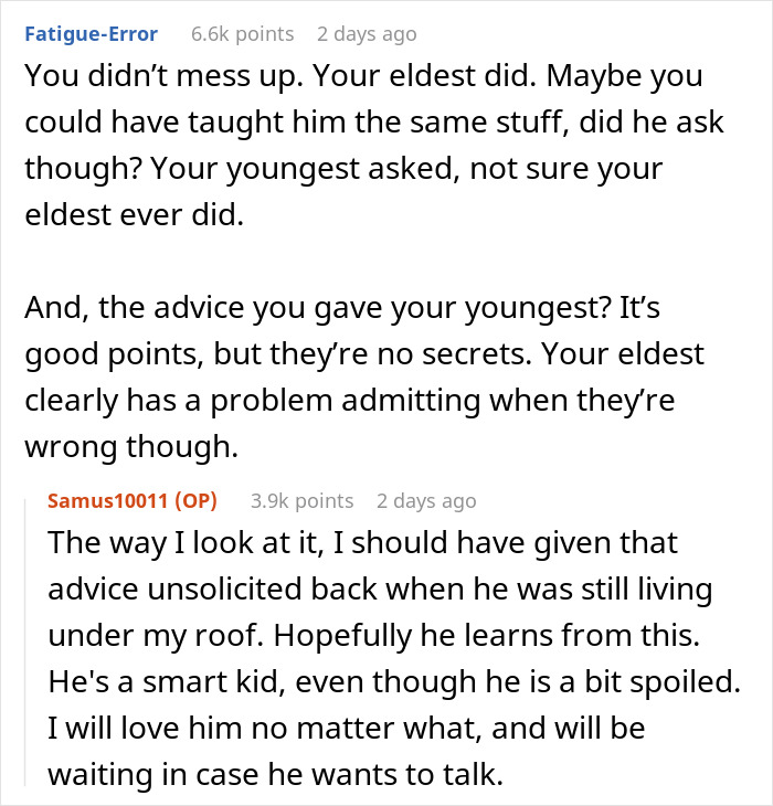 Discussion thread where a dad reflects on teaching youngest son relationship advice, indirectly revealing oldest son's shortcomings.