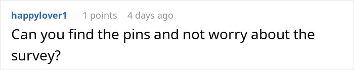 Comment from user "happylover1" asking, "Can you find the pins and not worry about the survey?" Related to unhinged neighbor story.