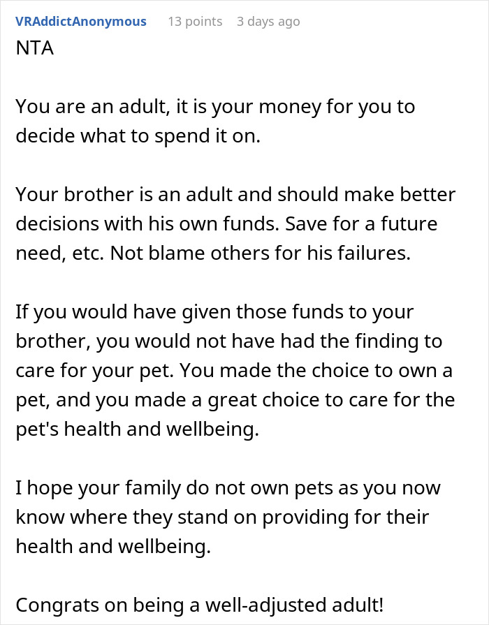 Comment supporting woman's choice to spend money on dog instead of lending brother $700.