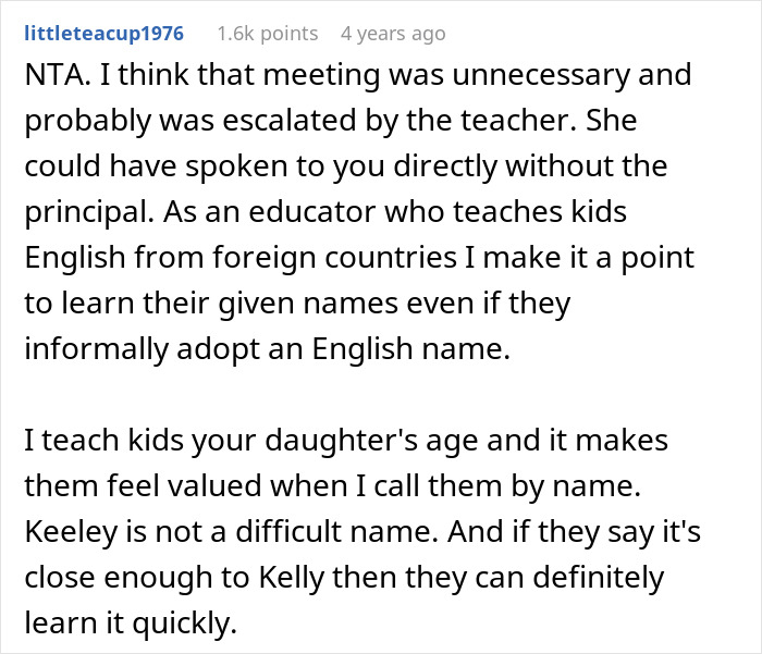 Comment discussing the correct pronunciation of a name and the teacher's refusal.