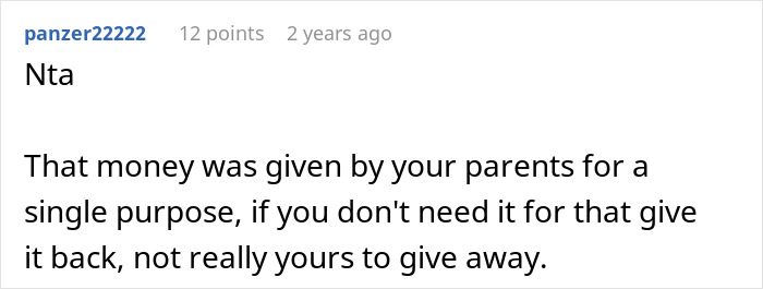 Reddit comment on college fund dispute, discussing ownership and purpose of money.