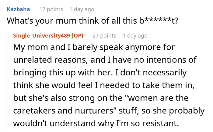 Reddit comment exchange about expected responsibility for stepsiblings, focusing on women's caretaker roles.