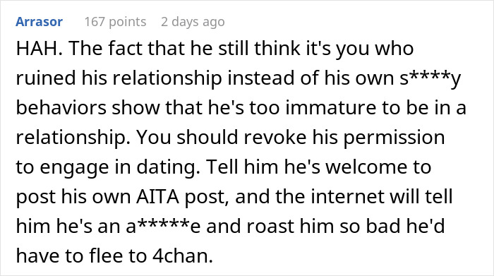 Comment criticizing bad relationship behavior in a heated online discussion.