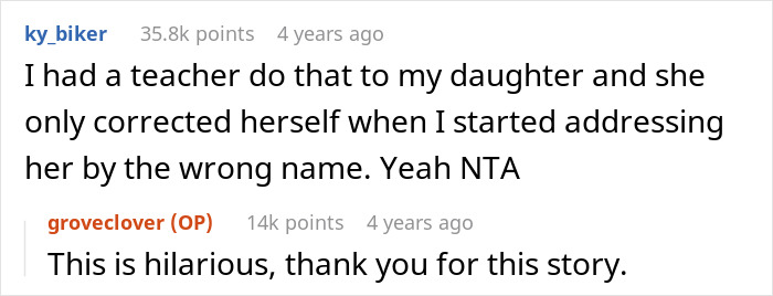 User comments about a teacher mispronouncing a daughter's name, leading to humorous exchanges.