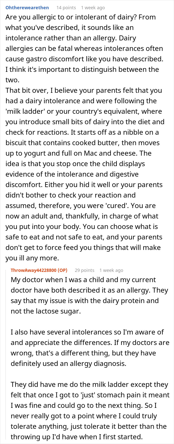 Discussion about allergy and intolerance in relation to embarrassing parents in public context.