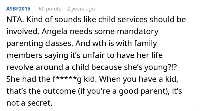 Reddit comment discussing involvement of child services due to neglect in babysitting responsibilities.