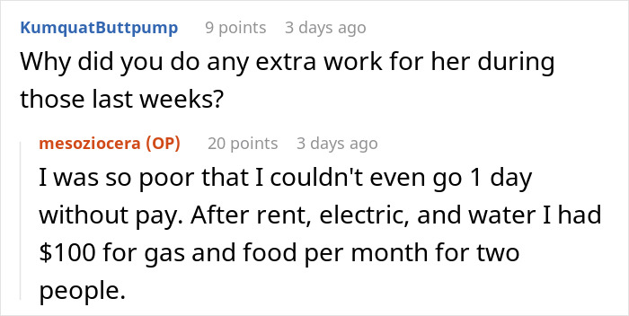 Reddit conversation about financial struggles after complying with demanding female boss.