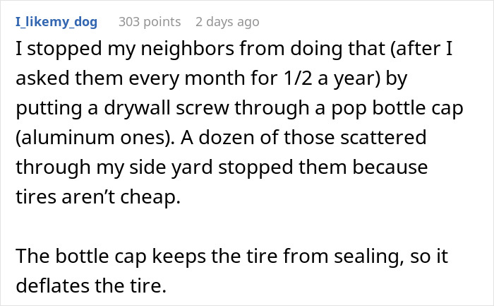 Text post detailing a woman's creative solution to stop neighbors from driving in her yard using nails in bottle caps.