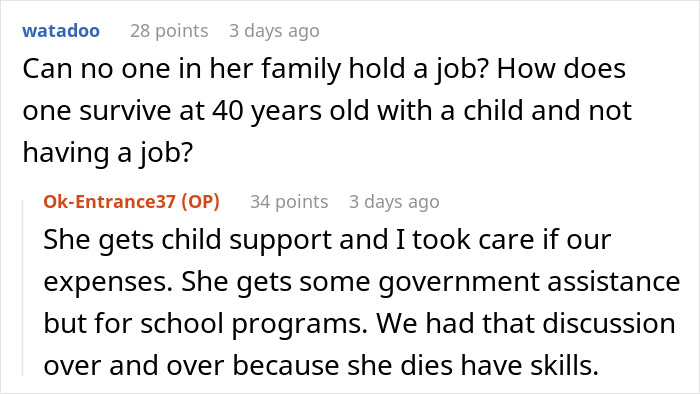 Reddit comments discussing financial support and employment with in-laws.