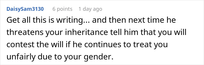 Comment about inheritance advice related to treating stepsiblings and gender fairness.