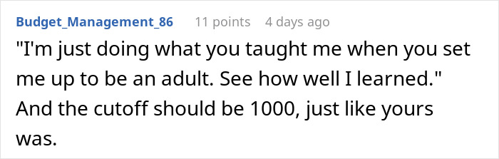 Reddit comment discussing lessons on adulthood and setting financial limits, connected to man losing home living with stepdaughter.