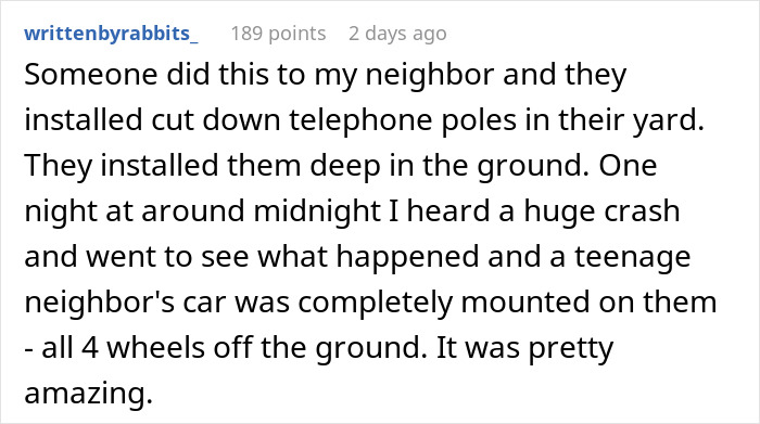 Text post about neighbors installing poles in yard to stop cars.