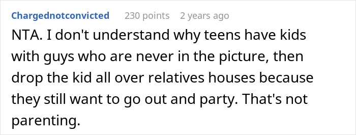 Reddit comment criticizing parenting choices related to babysitting responsibilities.