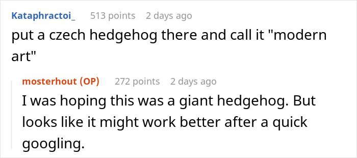 Comments discussing using a Czech hedgehog to deter neighbors from driving in yard.