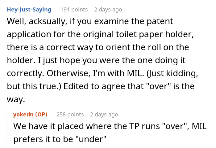 Reddit comments discuss MIL&rsquo;s preference for toilet paper orientation, highlighting a common household debate.