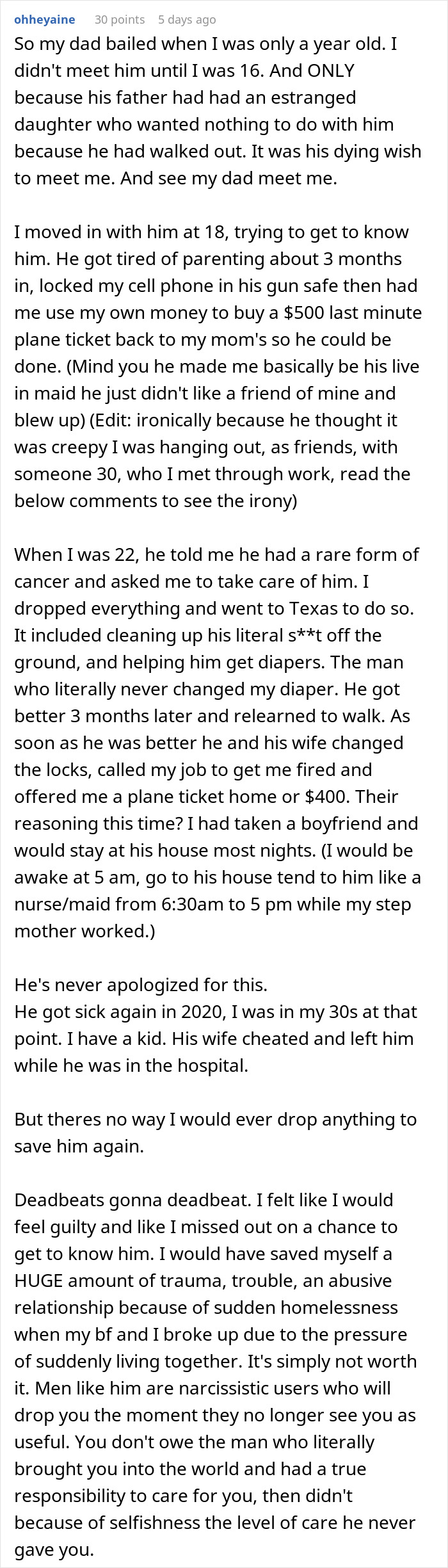 Text image discussing a father leaving family 15 years ago, his illness, and request for care now.