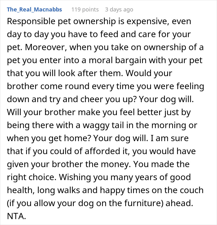 Reddit comment discussing the expense and moral duty of responsible pet ownership over lending money to family.