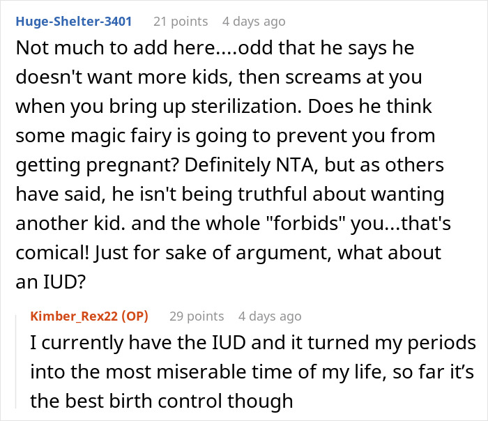 Reddit comments discussing sterilization concerns and IUD experiences in a relationship context.