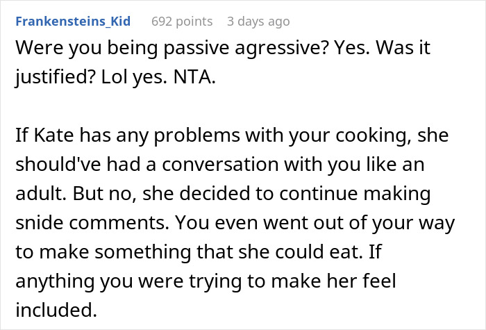 Text discussing a woman insulting coworker's cooking, passive aggression, and trying to make her feel included.