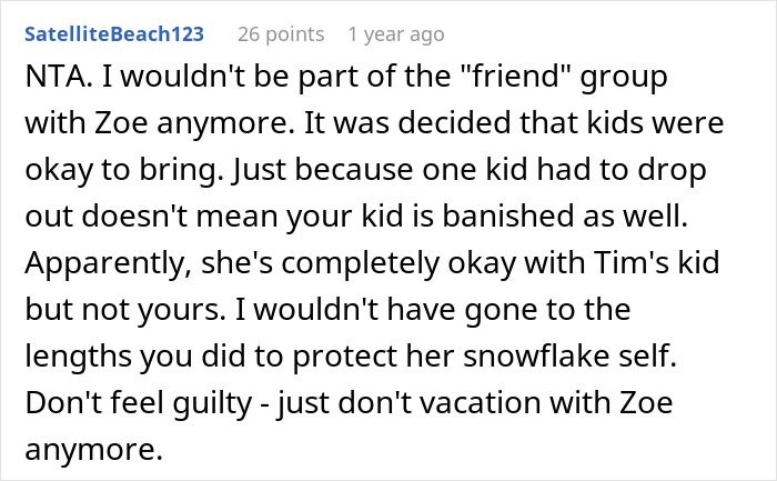 Text discussing a childfree friend being upset about holiday plans involving a child, advising against vacationing with Zoe.