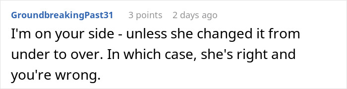 Comment discussing toilet paper roll direction in a humorous context about controlling tendencies.