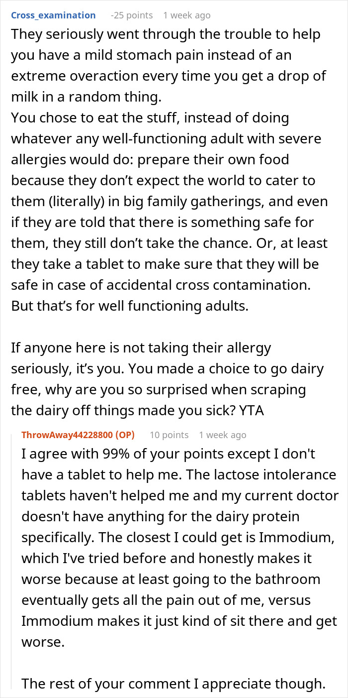 Reddit comment thread discussing public embarrassment over an allergy during a family gathering.