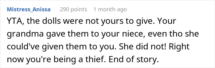 Comment criticizing theft of heirloom dolls meant for niece.