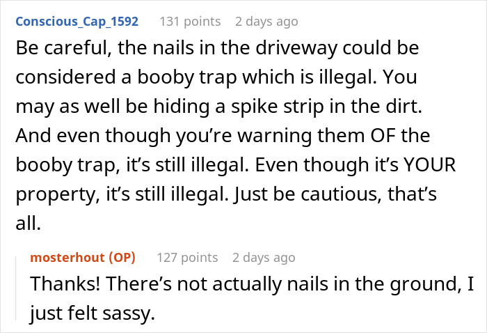 Text exchange about legal implications of using nails on property to deter neighbors.