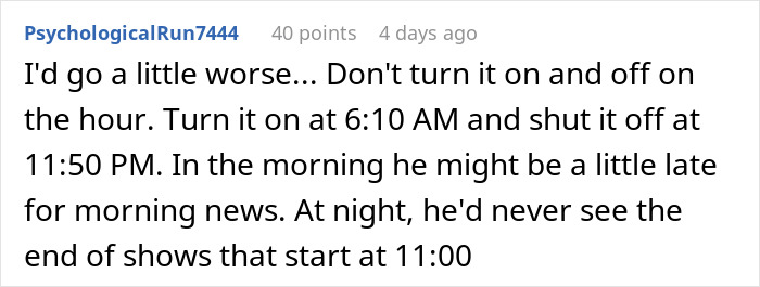 Comment detailing time restrictions mimicking the man's rules from the article.