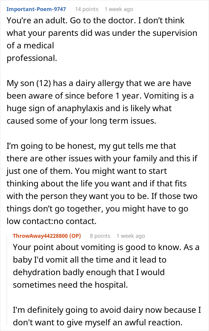 Reddit discussion about embarrassing parents due to an allergy, highlighting a dairy allergy and related experiences.