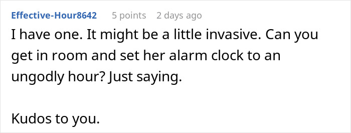 Comment discussing controlling tendencies and offering a humorous suggestion about setting an alarm clock to a very early time.