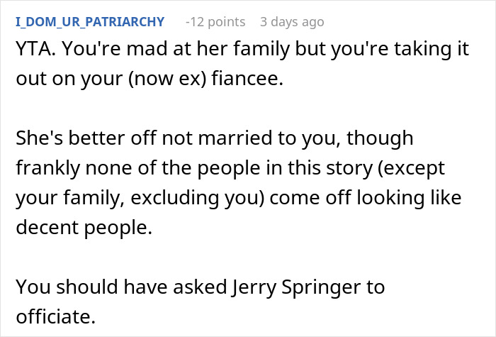 Comment criticizing a man for canceling his wedding due to in-laws' behavior, suggesting immaturity.