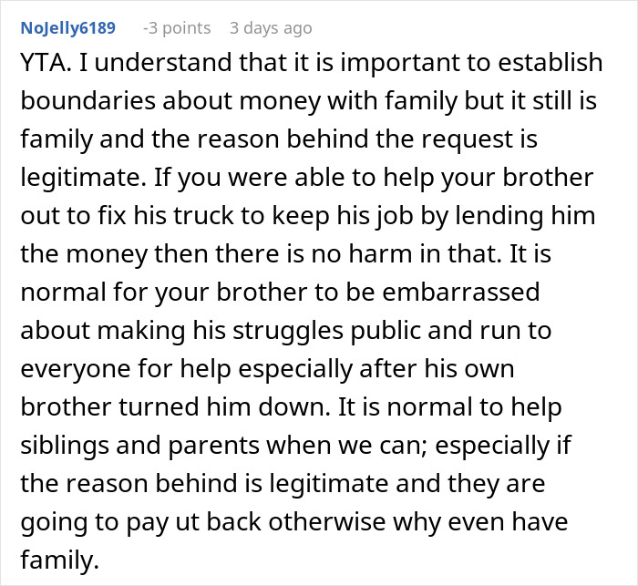 Comment discussing family boundaries over money requests.