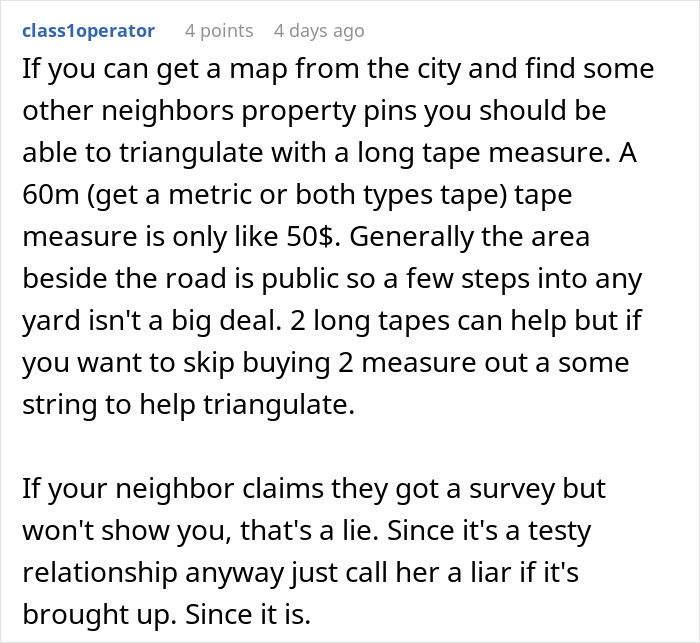 Discussion of neighbor&rsquo;s cameras and property boundaries, providing triangulation advice.