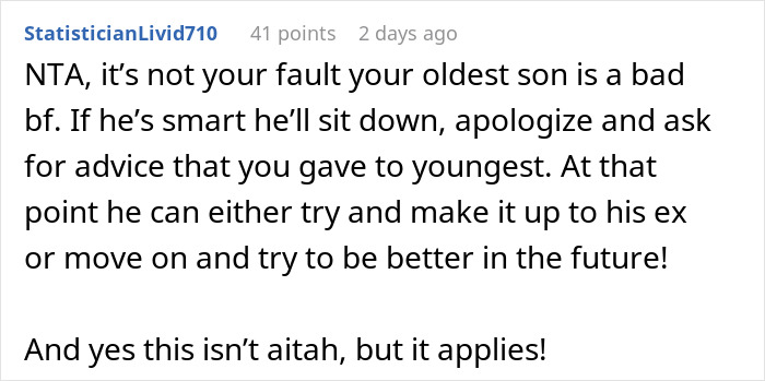 Comment discussing advice for a dad teaching his youngest son to be a good boyfriend while addressing the oldest son's mistakes.