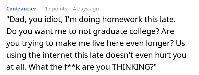 Reddit comment depicting a stepdaughter arguing with her dad about homework and internet rules.