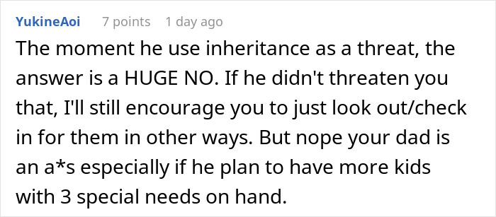 Text message about inheritance threat related to caring for stepsiblings.