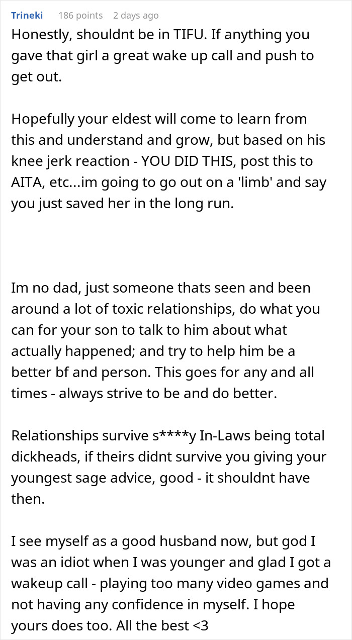 Comment discussing dad's advice to youngest son on relationships, exposing eldest son's reaction.