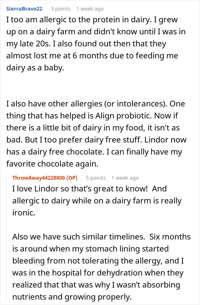 Reddit users discuss allergies, with a focus on embarrassing incidents related to dairy intolerance.