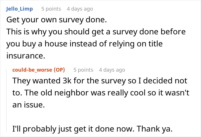 Reddit thread discussing a neighbor&rsquo;s cameras pointed at windows, highlighting the importance of getting a house survey.