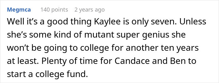 Comment discussing a child's age and starting a college fund.