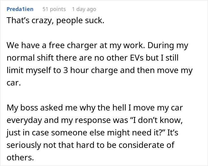 Text discussing Tesla drivers, considerate charging station use, and workplace charger etiquette.