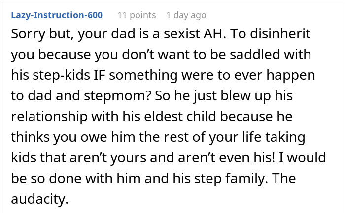 Reddit comment criticizing a father's expectations about stepsiblings, discussing family dynamics and responsibilities.