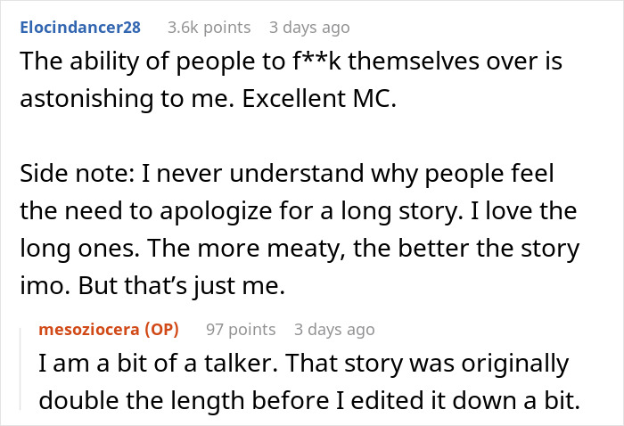 Reddit comments applauding malicious compliance, discussing story length preferences and impact.