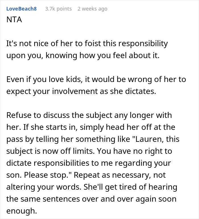 Text advice about a woman's request for her brother to take a parental role with her son.