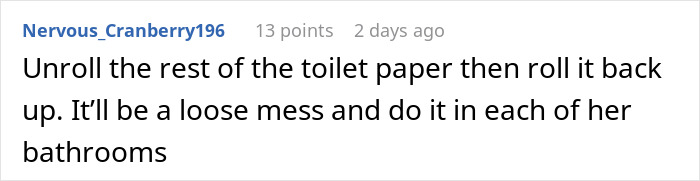 Comment about dealing with MIL’s toilet paper habits, suggesting a messy re-roll as a prank.