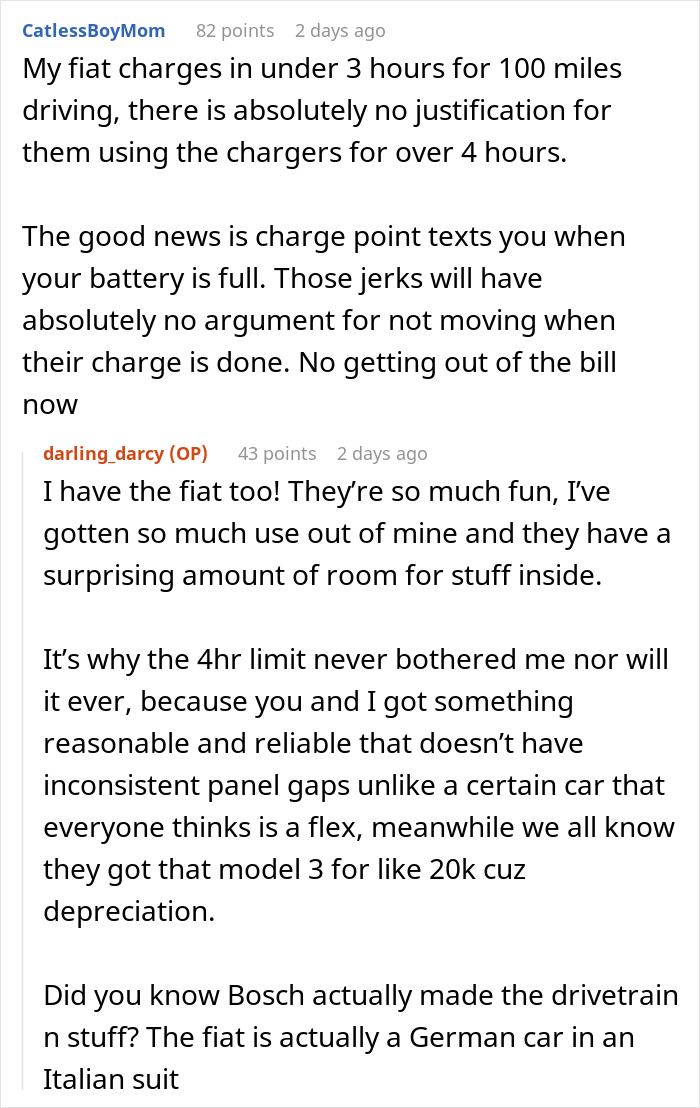 Discussion on Tesla drivers and charging station use; commenters compare Fiat charging efficiency.