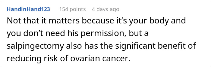 Comment discussing sterilization decision and ovarian cancer risk reduction.