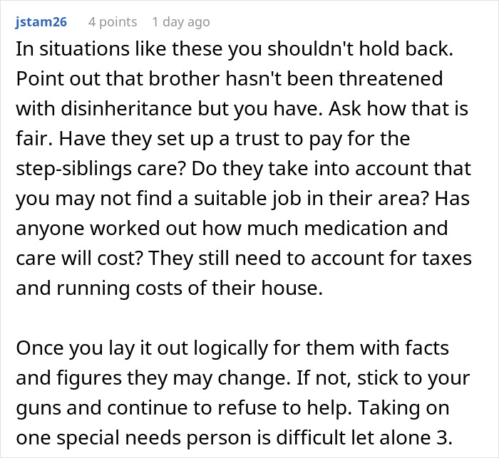 Text discussing a woman expected to care for stepsiblings, highlighting fairness and financial concerns in the situation.