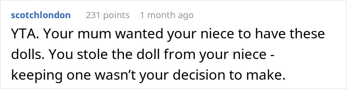 Comment about stolen heirloom dolls intended for niece after hurricane loss.